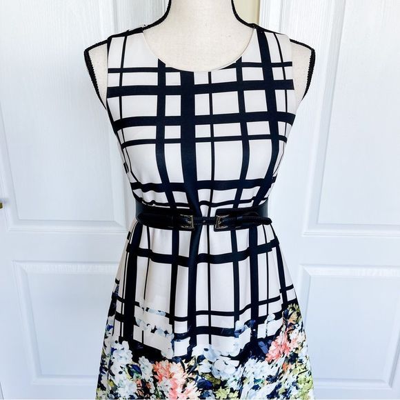 Jessica Simpson 2 Black White Unique Plaid Design Colorful Floral Bottom w/ Belt - Picture 2 of 16